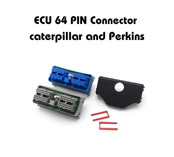 ECU 64 PIN Connector for Caterpillar and Perkins with components including blue and gray connectors, black cover, and red clips